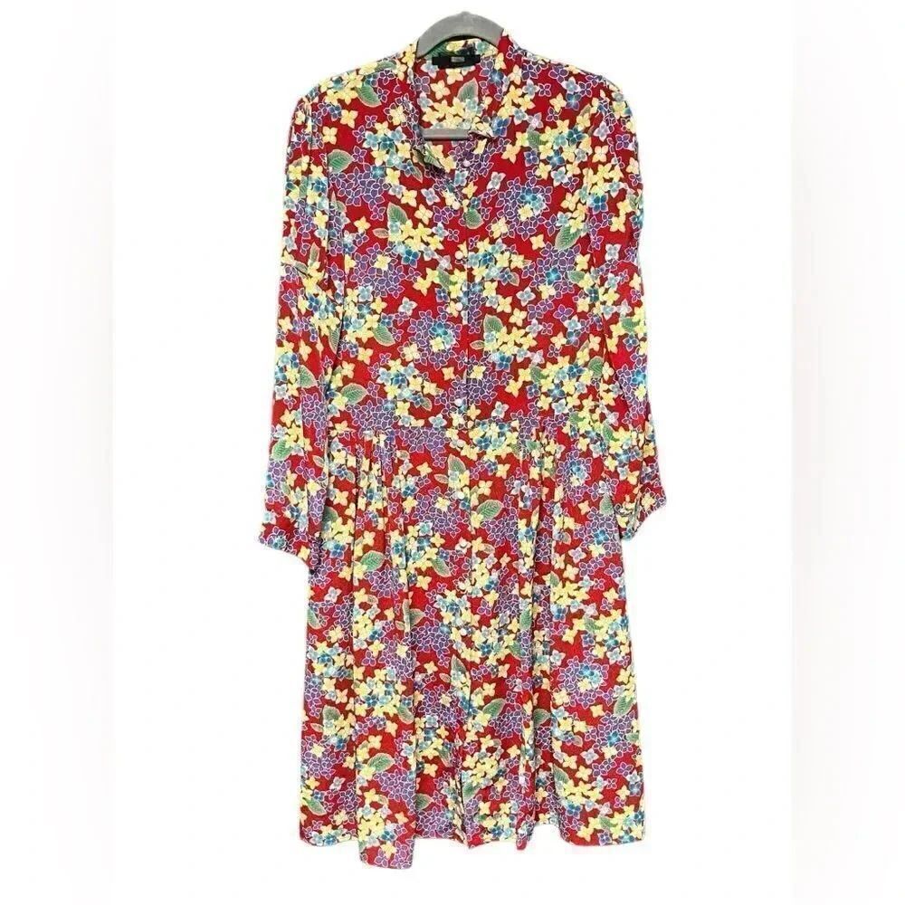 Derorah Lyons Floral Midi Button Up Long Sleeve Red Floral Dionne Dress Sz 6